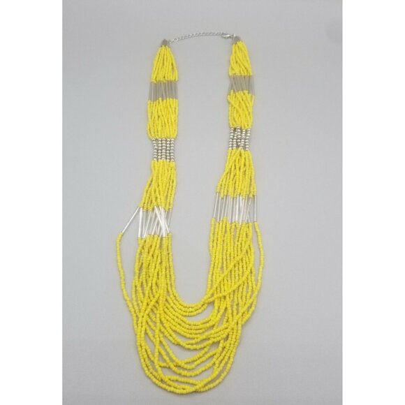 Multi-Strand Necklace Yellow Seed Bead Silver Tubes and Balls - Picture 3 of 6